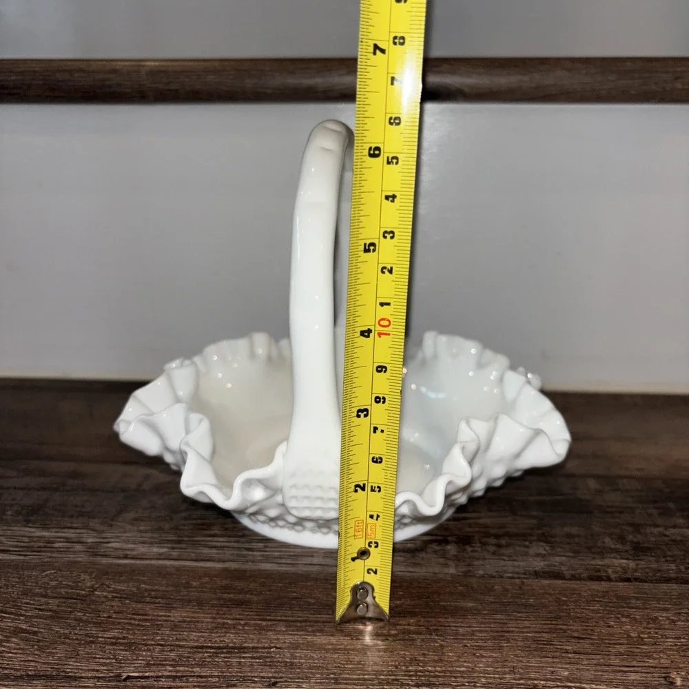 Vintage Fenton Hobnail White Milk Glass Ruffled Edges Basket with Handle